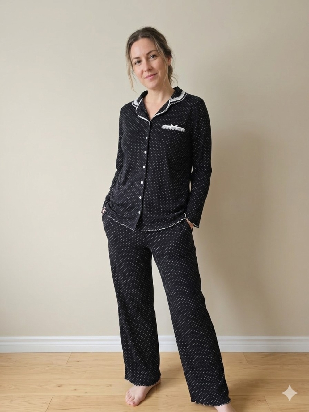 ​George Black Polka Dot Pajama Set M | Lace Trim Button Down PJ Pant Set Medium
